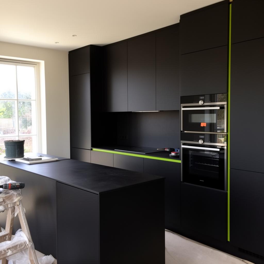 Moderne zwarte keuken met lichtgroen accent, vakkundig gemonteerd door JSN Montage